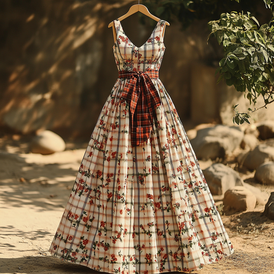 Women's Vintage Floral Plaid Pattern Cotton And Linen Sleeveless Dress artswardrobe