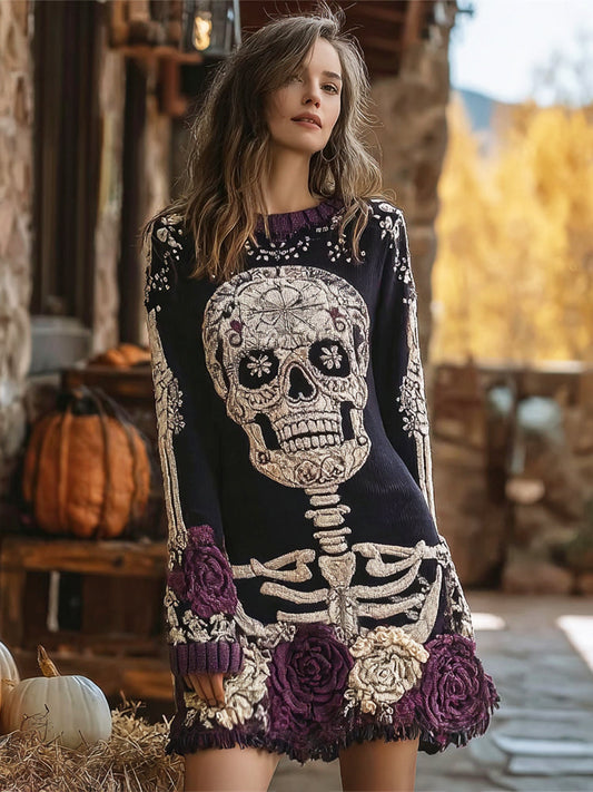 Halloween Skull & Floral Embroidered Art Women's Knit Mini Dress artswardrobe