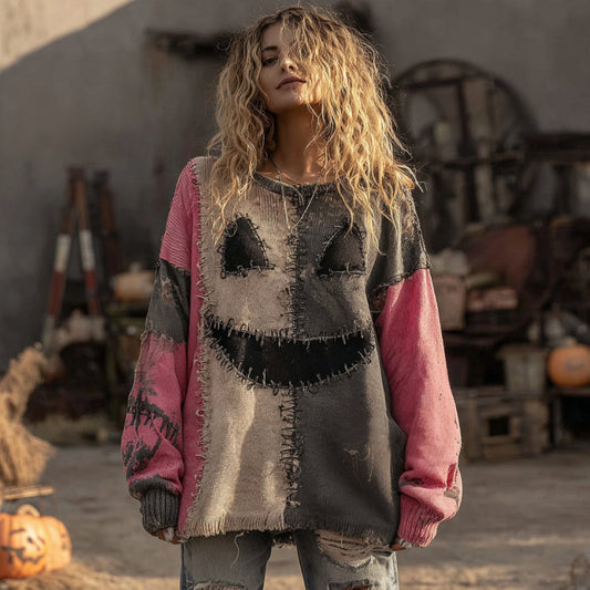 Halloween Spooky Face Contrast Stitched Cozy Knit Sweater elevenforest
