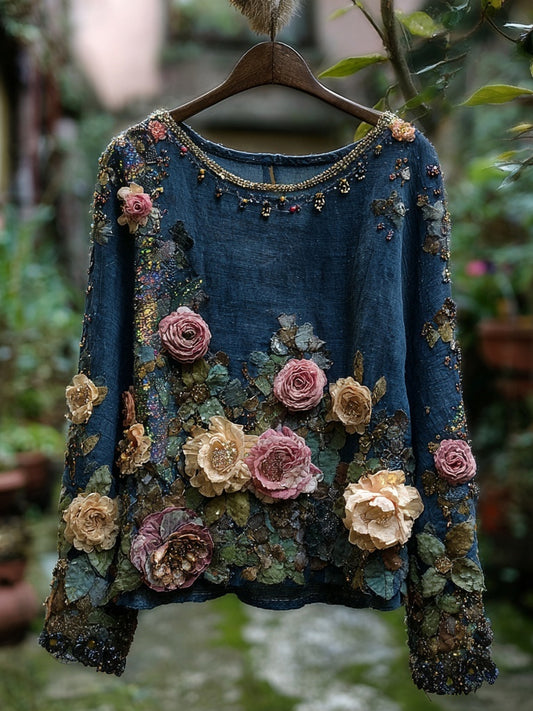 Comstylish Vintage Boho Roses Embroidered Long Sleeve Linen Tunic