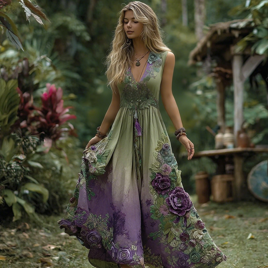 Vintage Purple Gilded Rose Embroidery Sleeveless V-neck Dress artswardrobe