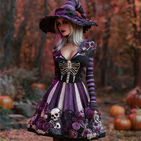 Comstylish Halloween Skeleton Witch Striped Art Women's Knit V-neck Mini Dress