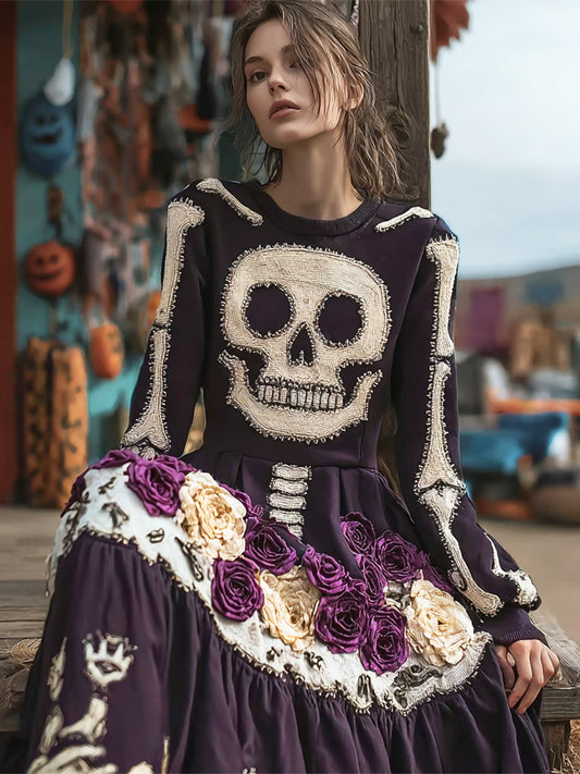 Comstylish Halloween Skull & Floral Art Women's Long-sleeve Maxi Dress