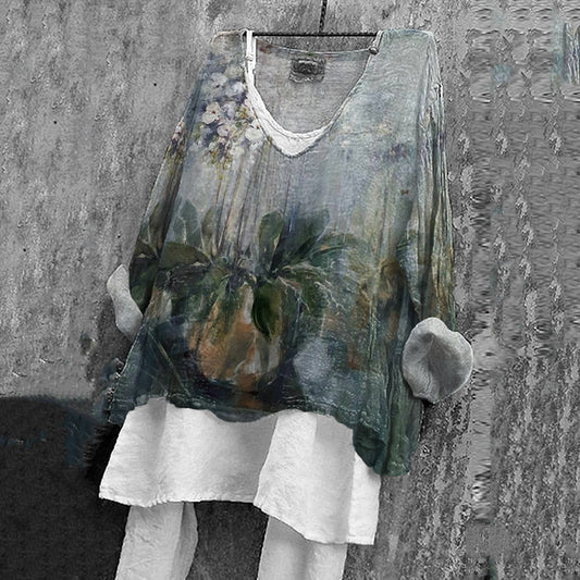 Comstylish Abstract Floral Pattern V-Neck Top For Women