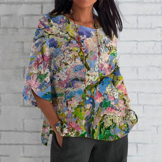 Vintage Colorful Floral Art Cotton Linen Casual Shirt artswardrobe