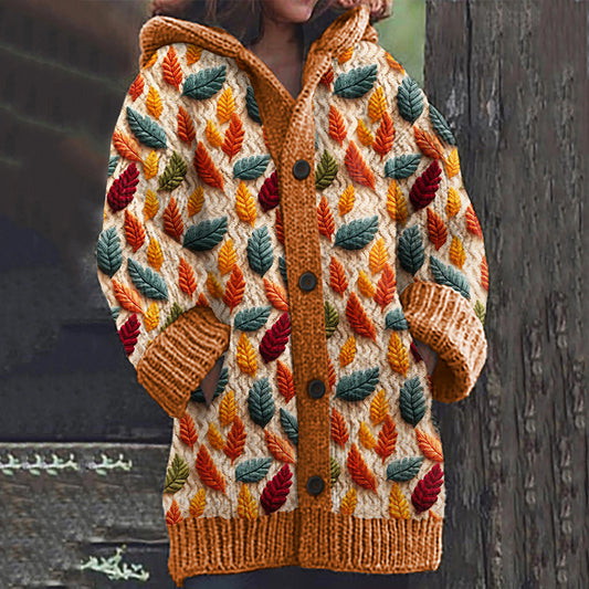 Autumn Leaf Print Knitted Hooded Cardigan artswardrobe