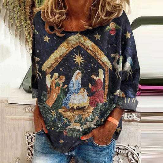 Comstylish Christmas Holy Family Print Round Neck Sweatshirt