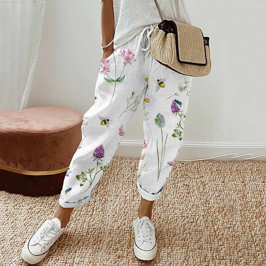 Bees Floral Print Elastic Drawstring High Rise Straight Leg Trousers artswardrobe