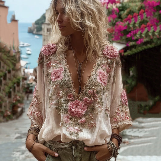 Women's Vintage Rose Floral Embroidery Art Comfy Linen Shirts artswardrobe