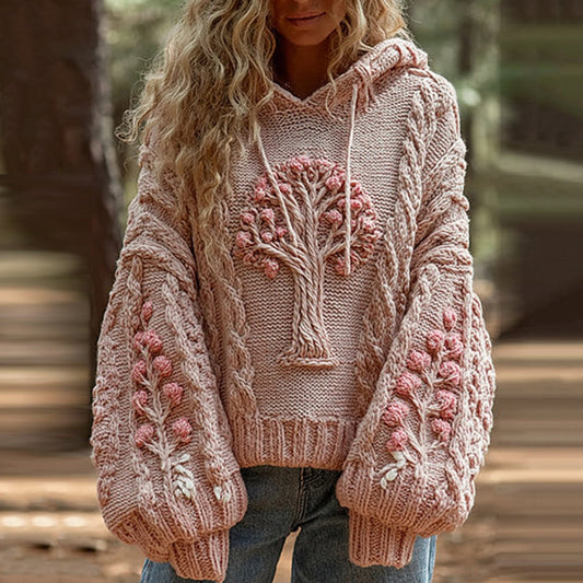 Women's Viking Tree Of Life Floral Art Knit Hooded Sweater elevenforest
