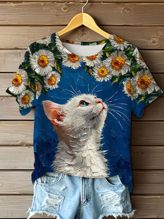 Comstylish Women's Cute Cat Printed Round Neck T-shirt