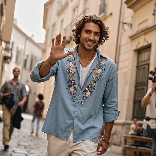 Men's Floral Linen Casual Lapel Shirt artswardrobe