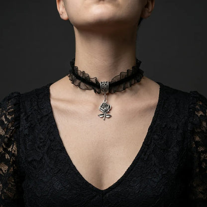Ruffled Lace Rose Gothic Choker Necklace