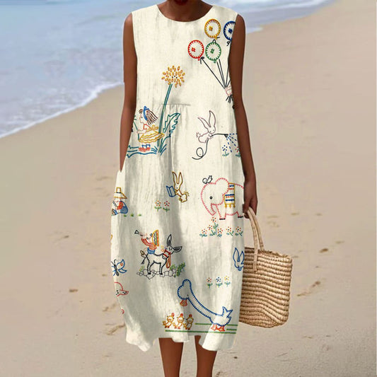 Comstylish Women's Retro Cute Dogs And Elephant Art Print Sleeveless Dress