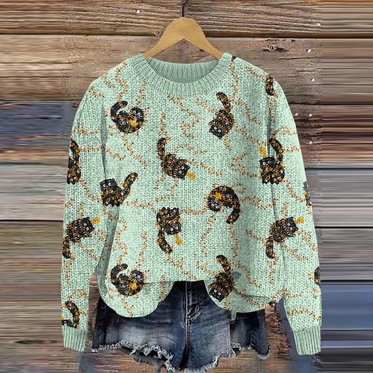 Vintage Christmas Cute Cat Cozy Crew Neck Sweater elevenforest