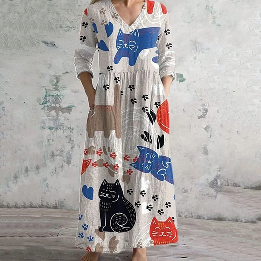 Vintage Graffiti Cat  Art Pattern Women's Linen Dress artswardrobe