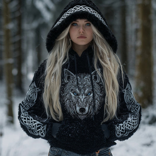 Comstylish Women's Vintage Viking Celtic Knot And Wolf Pattern Plush Hoodie