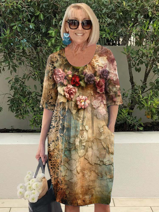 Vintage Chic Floral Print Pocket Midi Dress