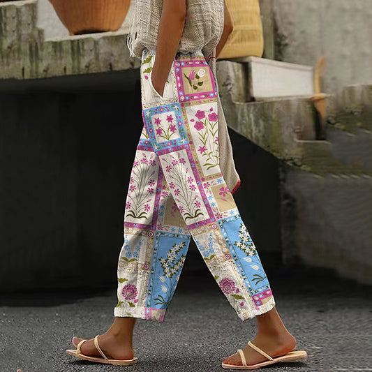 Women's Retro Geometric Floral Art Cotton And Linen Casual Pants artswardrobe