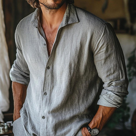 Men's Boho Solid Color Button Casual Linen Shirt artswardrobe