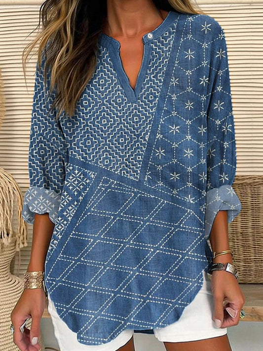 Comstylish Japanese Traditional Pattern Linen Blend Shirt