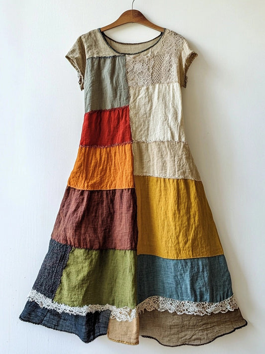 Elegant Lace Patchwork Art Linen Blend Dress artswardrobe