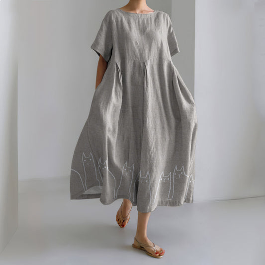 Vintage Art Cat Embroidery Linen Crew Neck Dress elevenforest