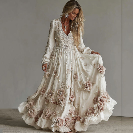 Comstylish Women's Vintage Roses Art Print V-neck Long Sleeve Maxi Dress