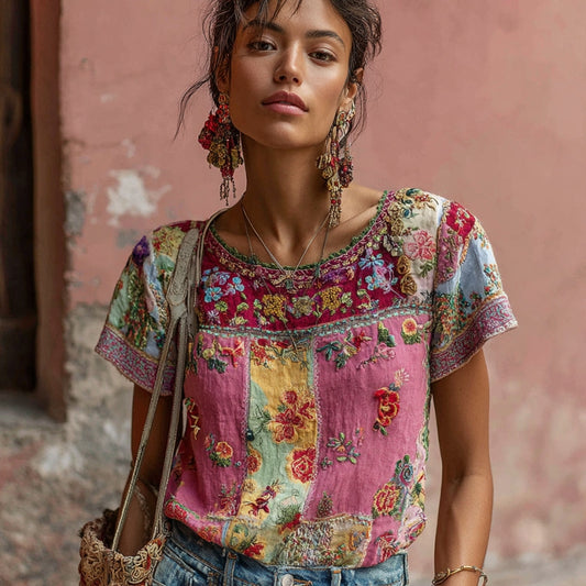 Women's Vintage Bohemian Floral Embroidery Art Round Neck Short Sleeve T-shirt artswardrobe