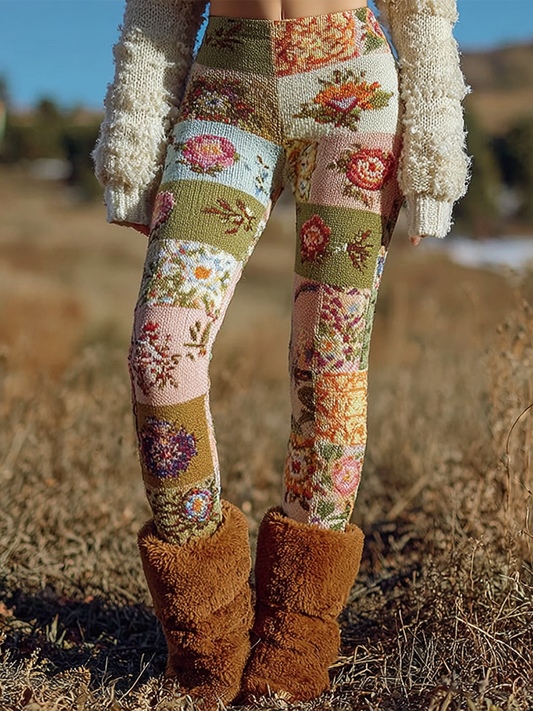 Comstylish Bohemian Floral Pattern Women's Tight Knit Leggings