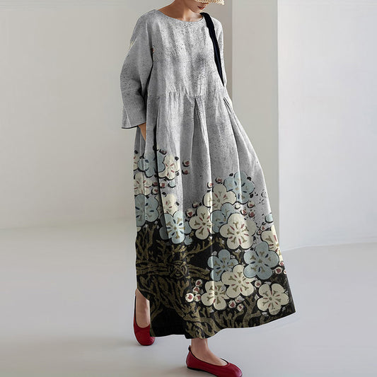 Comstylish Women Japanese Art Linen Blend Maxi Dress