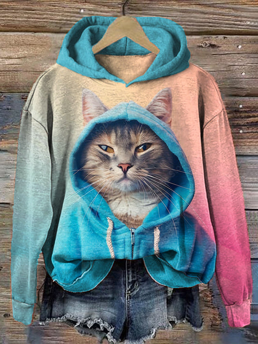 Cute Cat Art Print Contrast Color Cozy Hoodie elevenforest
