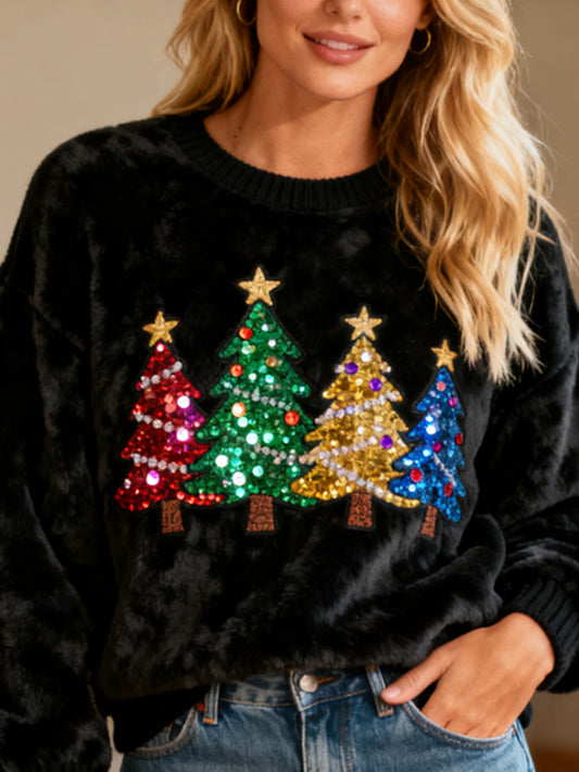 Comstylish Christmas Tree With Colorful Sequins And Flannel Crew Neck Sweatshirt