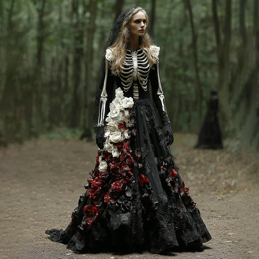Comstylish Halloween Skeleton Bones With Rose Art Linen Maxi Dress