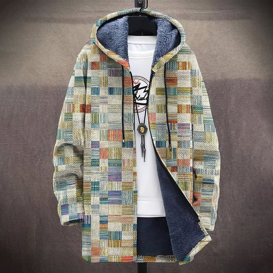 Men's Abstract Geometric Art Comfort Plush Hooded Coat elevenforest