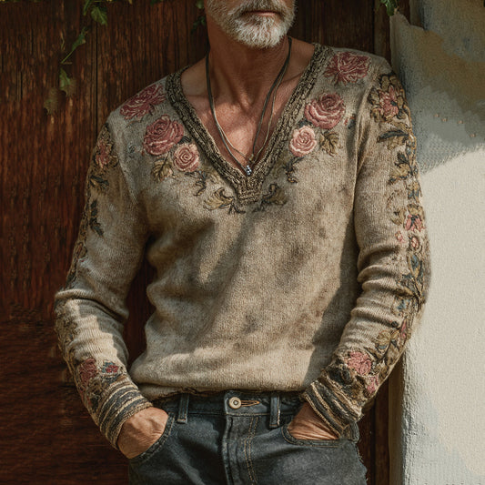 Men's Vintage Floral Art Jacquard Thick Warm V Neck  Sweater elevenforest