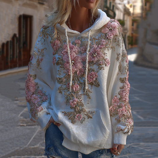 Women's Classic Floral Embroidery Art Comfy Hoodie artswardrobe