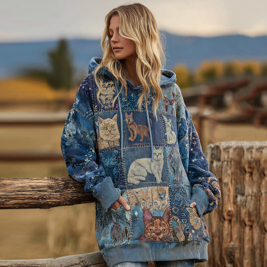Comstylish Women's Denim Patchwork Cute Cat Hooded Sweatshirt Dress