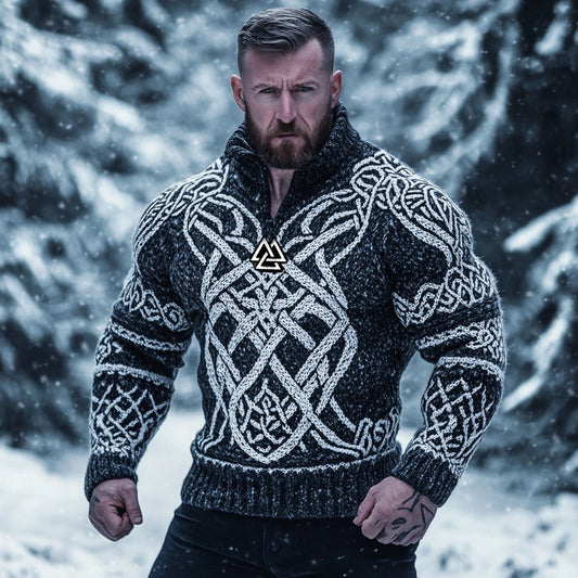 Men's Viking Vegvisir Runes Celtic Knot Half-zip Turtleneck Sweater elevenforest