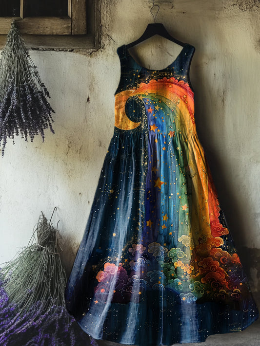 Women's Moon Rainbow Pattern Art Print Round Neck Sleeveless Cotton Po