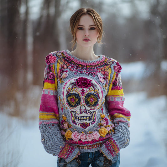 Women's Vintage Sugar Skull And Floral Knit Jacquard Crew Neck Sweater elevenforest