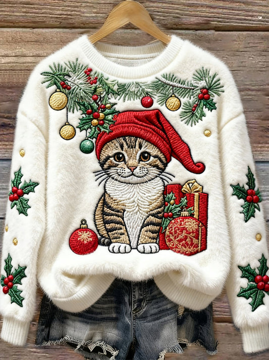 Christmas Cute Cat Art Embroidery Women's Cozy Plush Sweater elevenforest