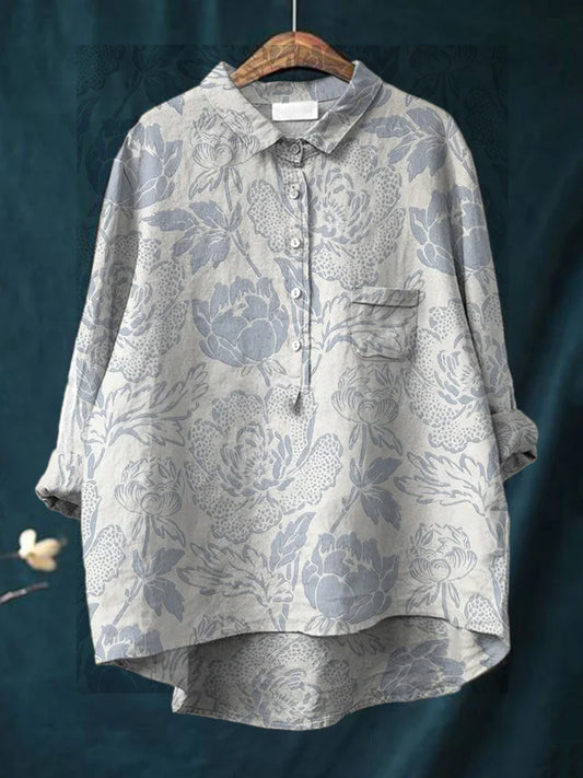 Women's Casual Blue Floral Printed Cotton Shirt artswardrobe