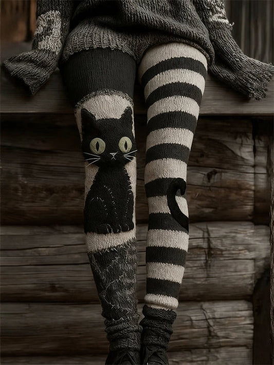 Halloween Witch Black Cat Striped Contrast Cozy Leggings elevenforest