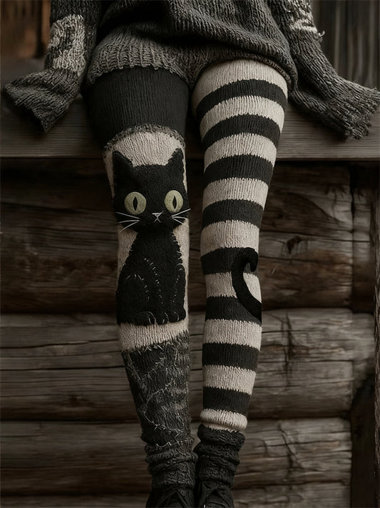 Comstylish Halloween Witch Black Cat Striped Contrast Cozy Leggings
