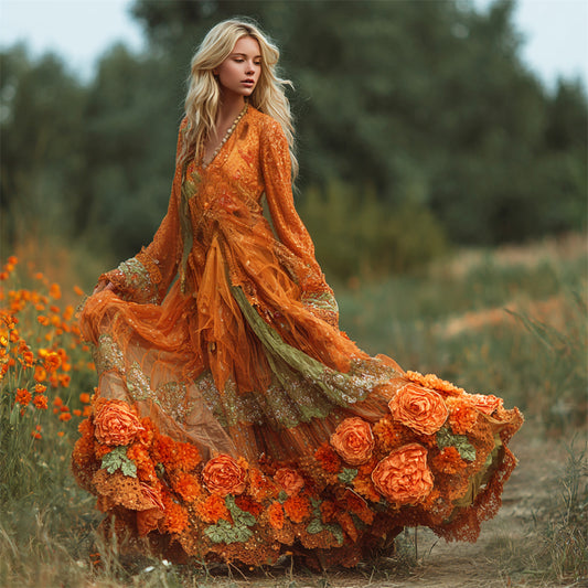 Fall Boho Floral Embroidery Women's Long Sleeve V-neck Flowy Maxi Dress artswardrobe