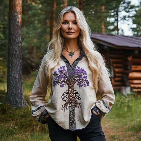 Women's Viking Purple Blossom Tree Of Life Cotton And Linen Long Sleeve Lapel Shirt artswardrobe