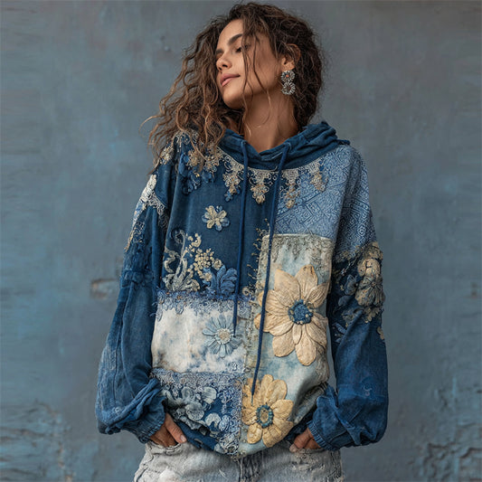 Comstylish Boho Floral Fiber Art Colorblock Stitched Hoodie