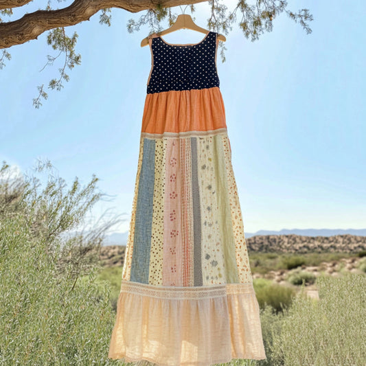 Vintage Polka Dot And Floral Patchwork Art Linen Tank Dress artswardrobe