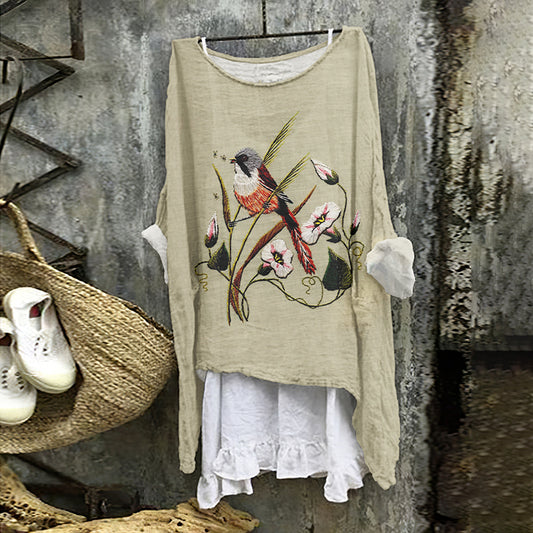 Flower And Bird Embroidery Art Print Loose Blouse artswardrobe